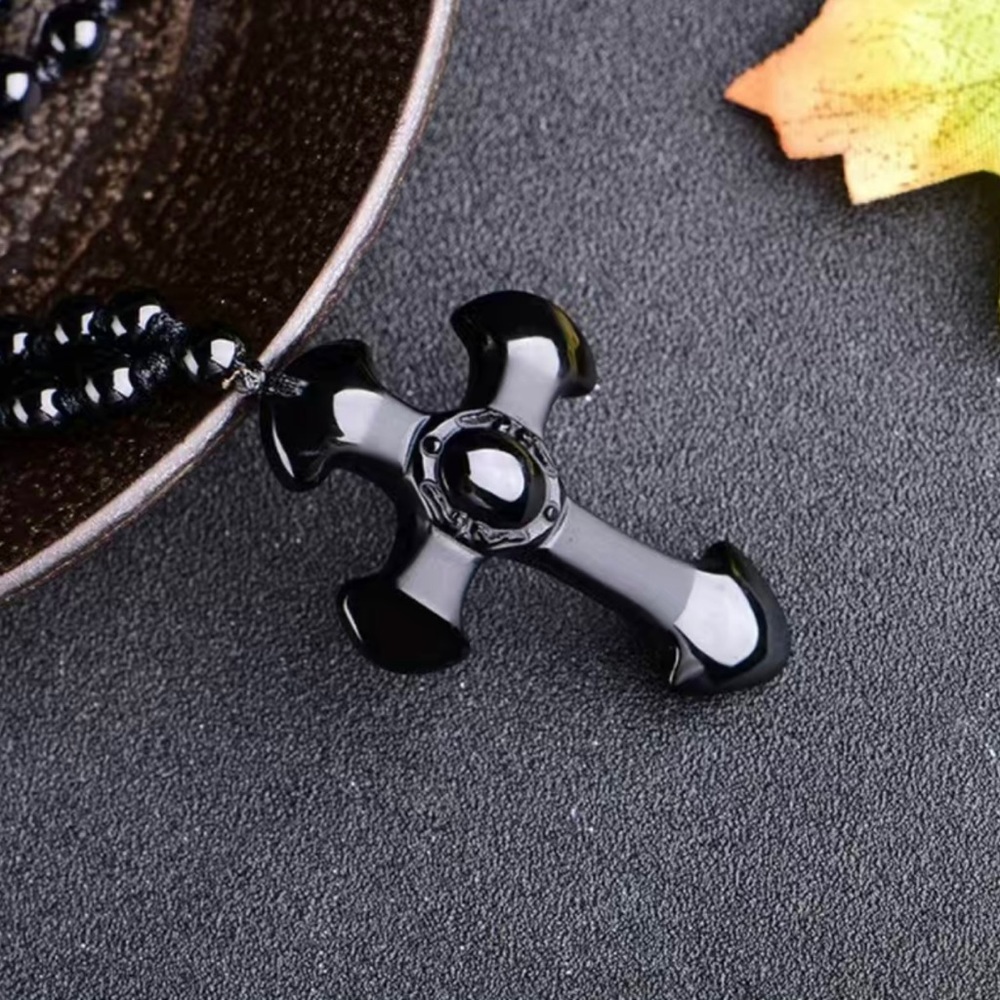 1pc Black Religious Christian Cross Fashion Obsidian Style Pendant Necklace - Picture 8 of 15
